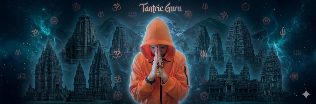 Tantric Guru with ancient temples in meditation - Bhajan Clubbing Hero